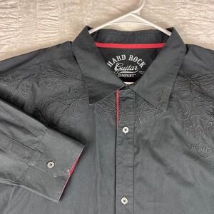 Hard Rock Guitar Co Men's XL Black Embroidered Guitar Button Down Shirt Red Trim